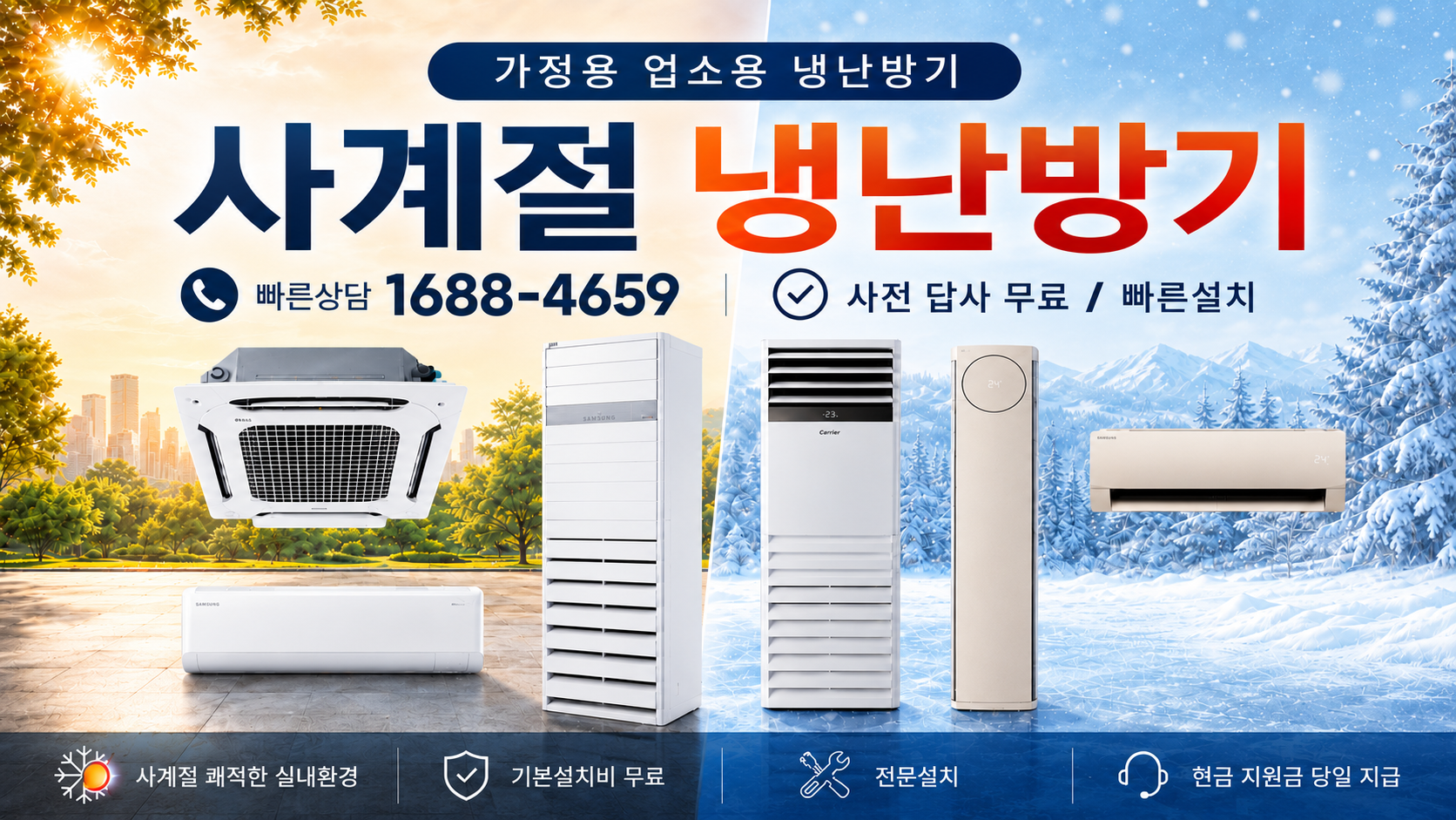 가정용·업소용 사계절 냉난방기 - 빠른상담 1688-4659, 사전 답사 무료·빠른설치, 사계절 쾌적한 실내환경·기본설치비 무료·전문설치·현금 지원금 당일 지급
